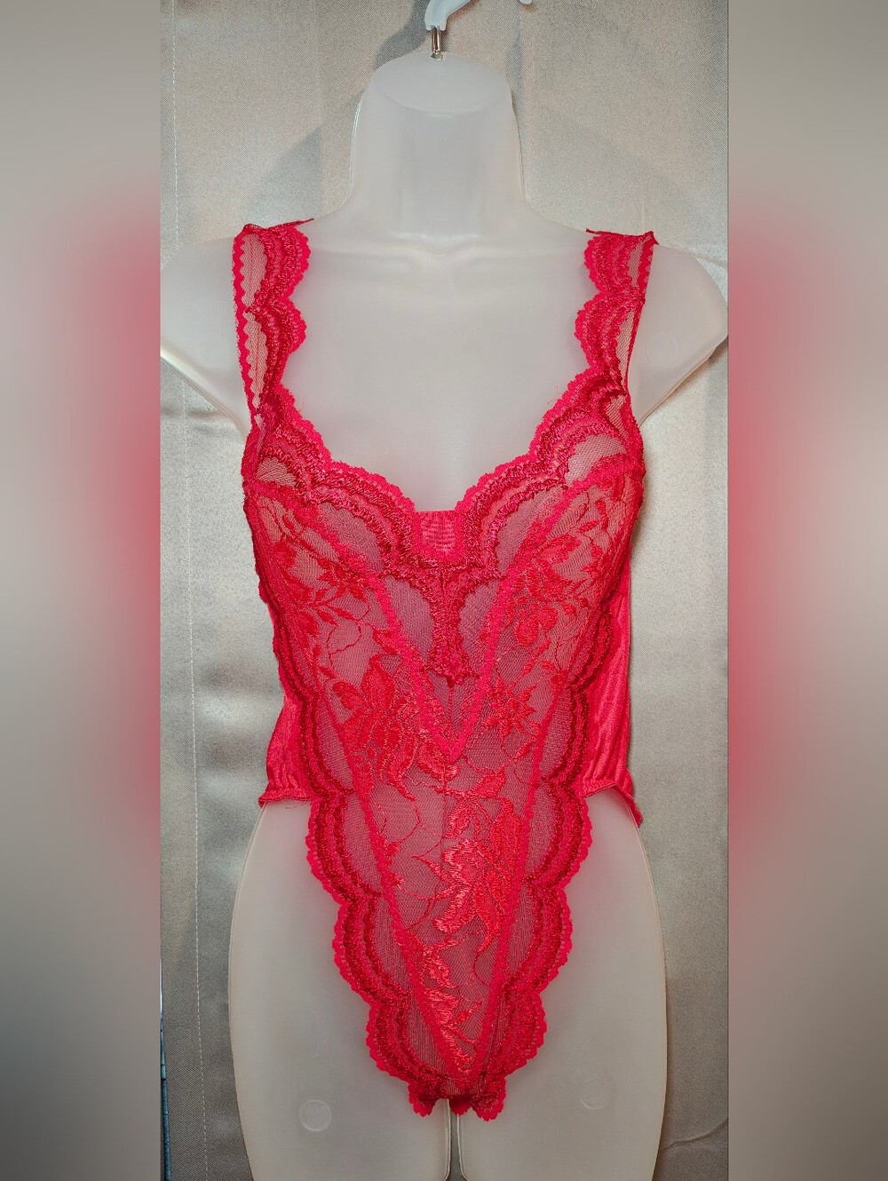 🔥🧸Vintage 80s Lady Cameo Dallas Red Sheer Lace Lingerie Bodysuit Teddy🔥🧸